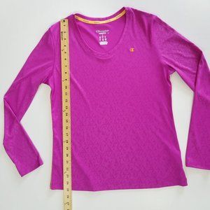 Champion Long Sleeved Magenta Athletic Shirt with Orange Accents (Size L)